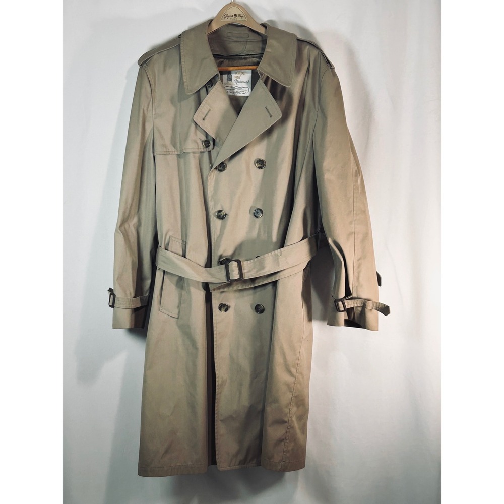 London Fog Maincoats‎ Vintage Mens Khaki Double Breasted Belted Trench Coat Tan